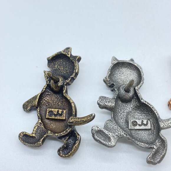 Set Of 3 Vintage Cat Lapel Pins Bronze Silver Gold Tones Secure Backings Retro - Picture 4 of 8